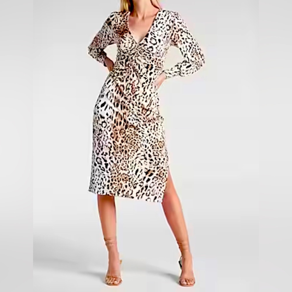EXPRESS LEOPARD PRINT RUCHED MIDI DRESS